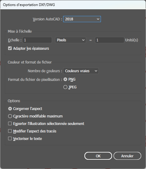 Fenêtre d'export vers le format DXF depuis le logiciel Illustrator CC 2021